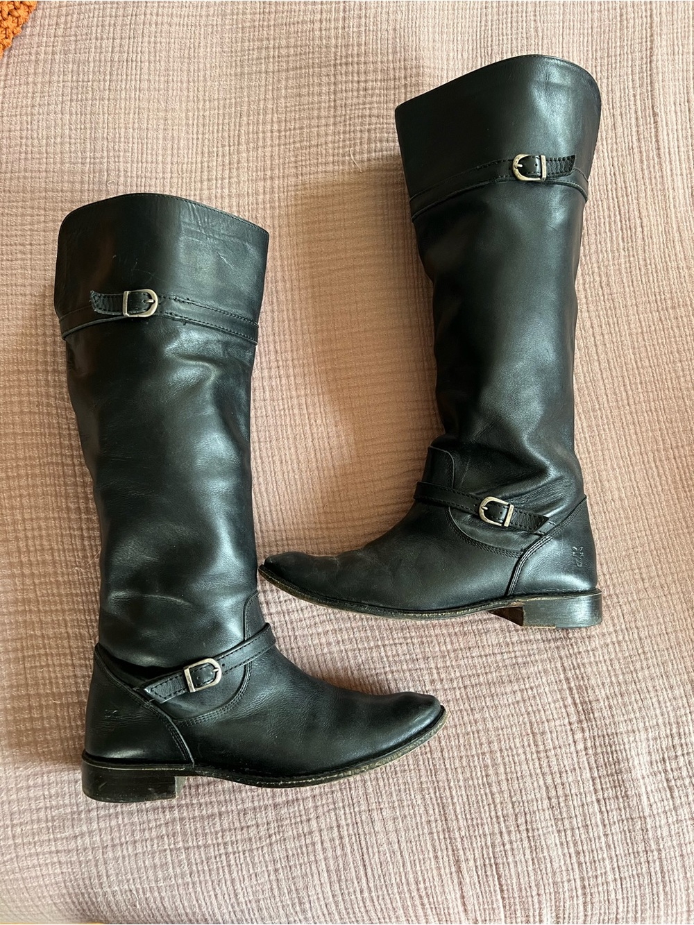 FRYE Black Leather Riding Boots - Classic Tall Buckle Design 9
